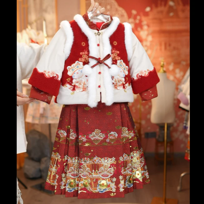 【招财猫】新款汉服马面裙套装女童明制新中式国风加绒冬季新年