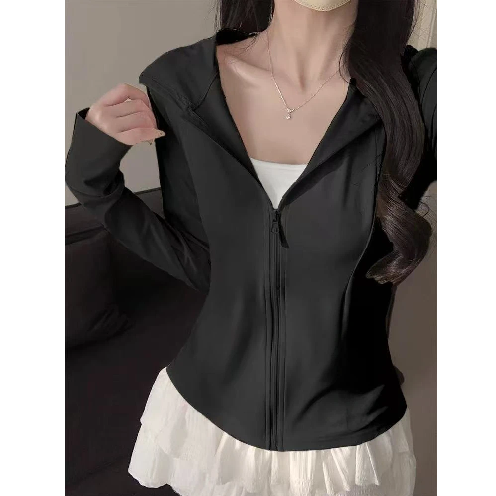夏季黑色戴帽防晒衣女收腰修身短款外套薄款瑜伽服上衣
