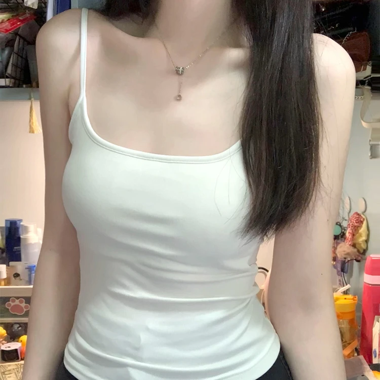 辣妹新款纯色简约吊带背心修身显瘦女春夏季自带胸垫外穿打底上衣