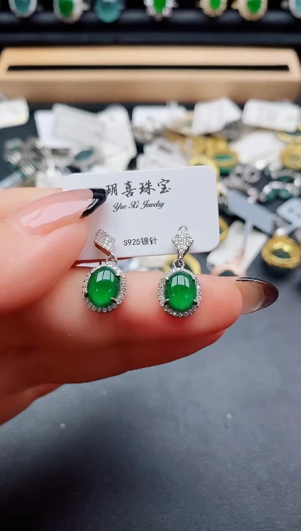 翡翠银S925镶嵌耳饰508500