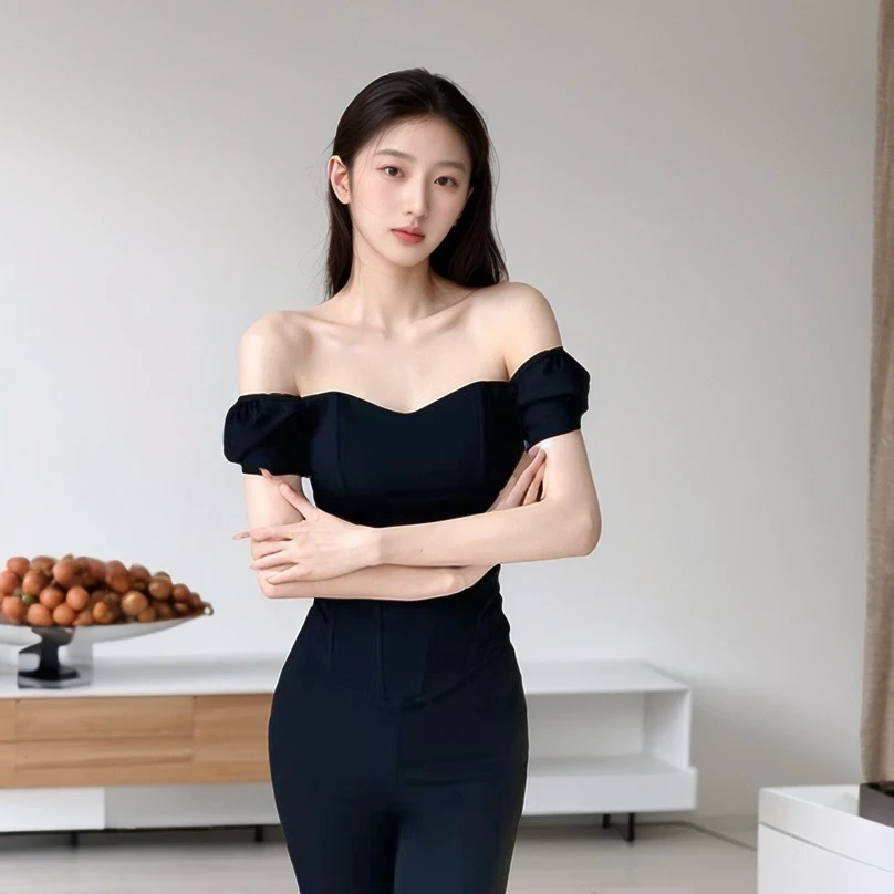 法式一字肩短袖鱼骨束身抹胸修身背心显瘦设计感内搭露肩上衣女