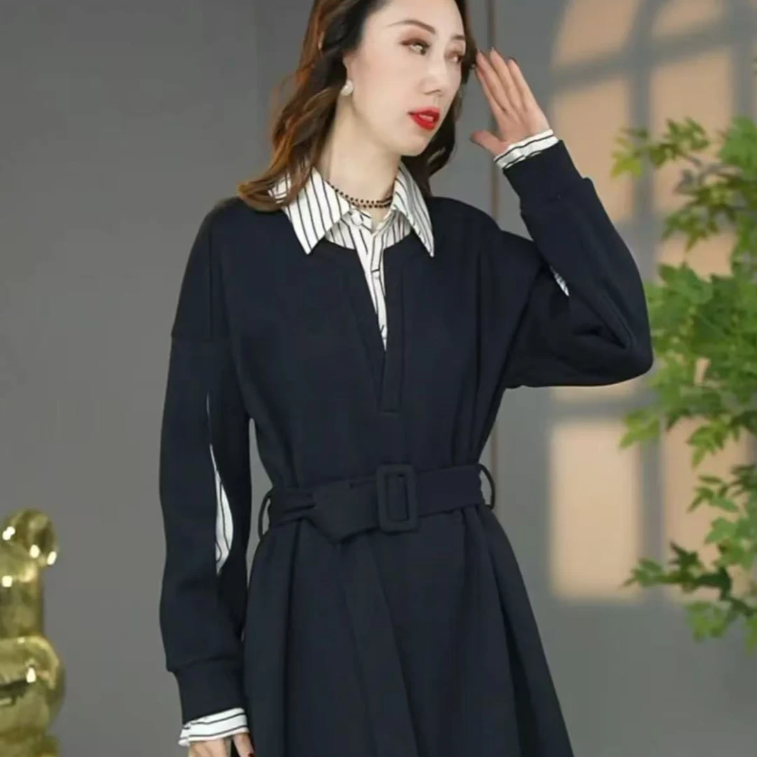 春款高端长袖连衣裙女2025新款春季配大衣宽松收腰加厚打底裙子
