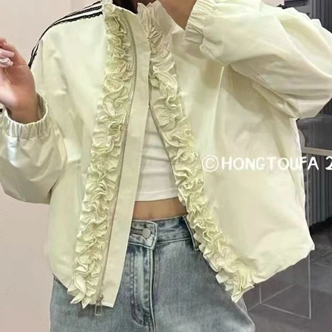 89831韩系拼接木耳花边夹克外套女休闲翻领显瘦上衣A140-121