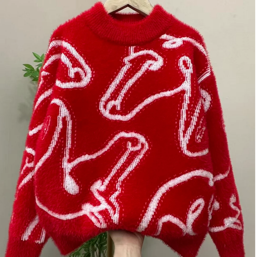 本命年男女童秋冬新款马年加厚红色仿水貂绒毛衣新年喜庆保暖款