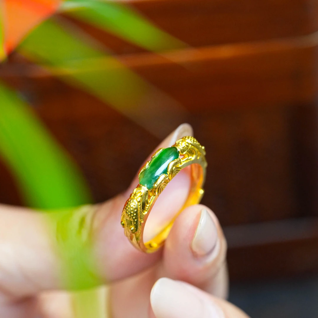 【龙吟】冰绿翡翠古法足金双龙开口戒指