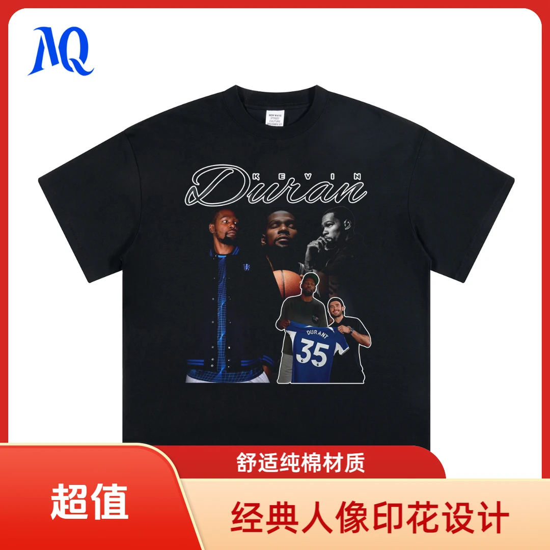 MQ原创2025SS 杜兰特美式街头人像印花纯棉小领口复古男士T恤短袖