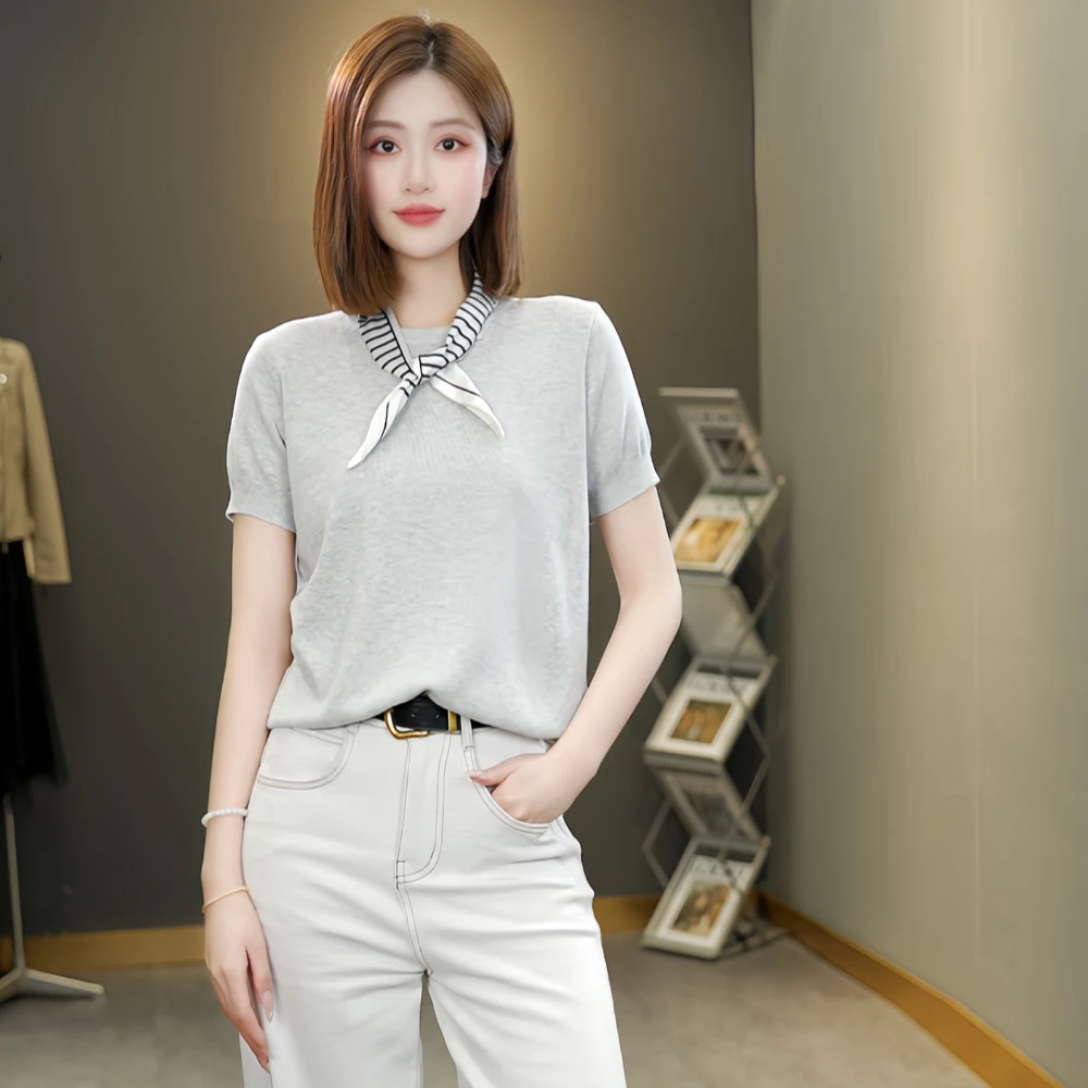 针织衫女短袖春夏新款百搭短袖纯色圆领短款毛针织衫通勤气质