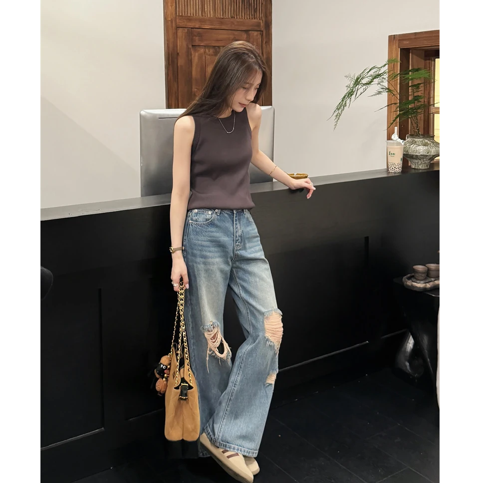 YPP！【韩国街头】做旧复古风破洞百搭宽松显瘦直筒牛仔裤