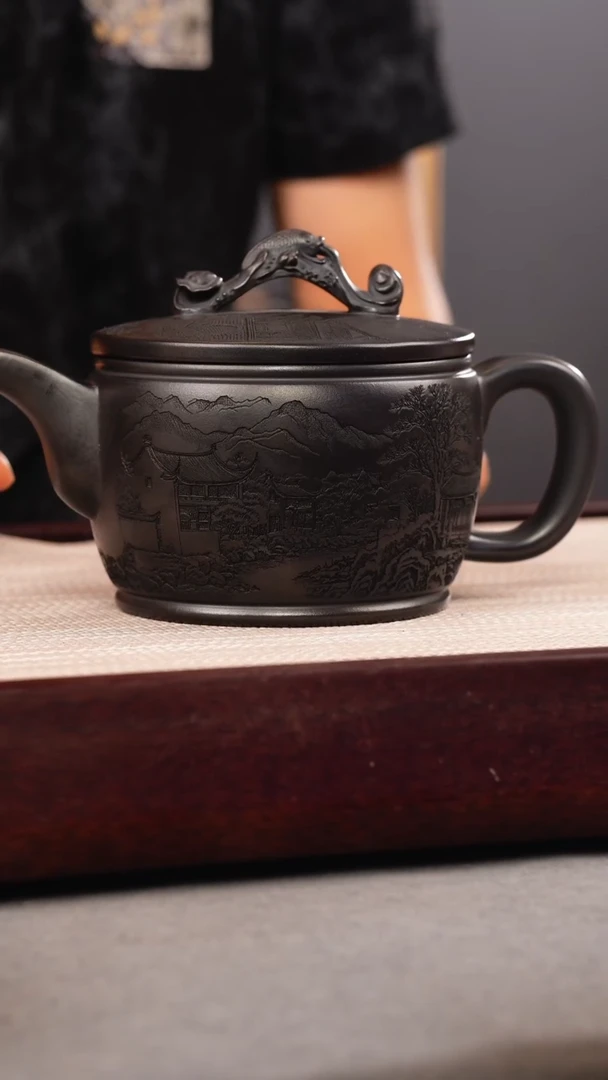 茶壶紫砂石黄 如意汉瓦 刻绘