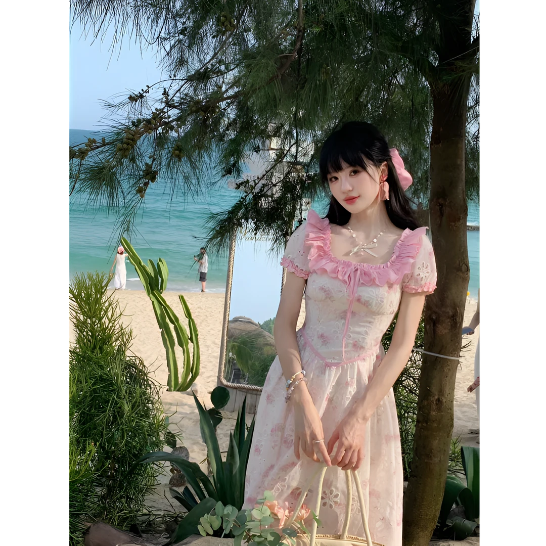 【QIANJIN】‘情系瓦妮达’夏季法式温柔镂空甜美显瘦连衣裙QL86215