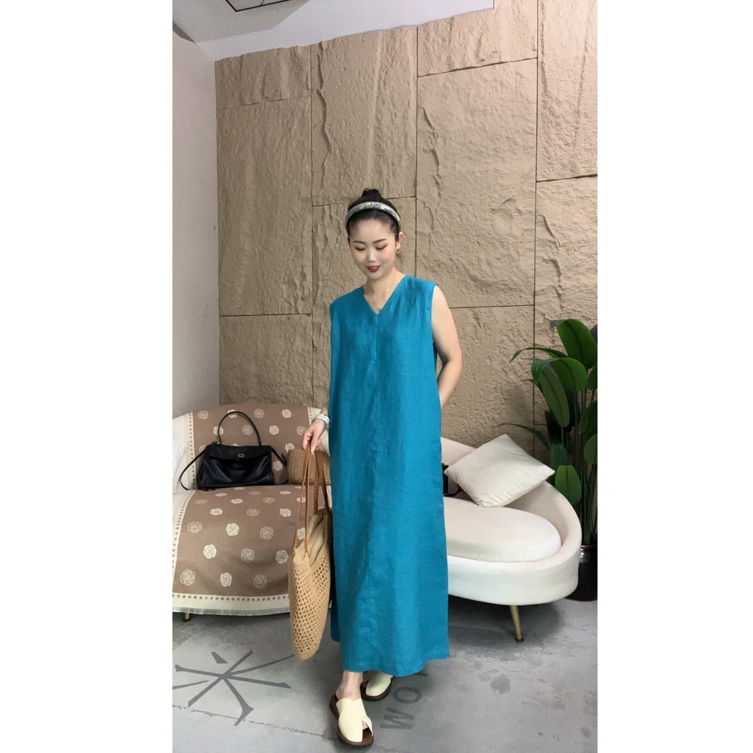 思伶-100%亚麻-V领背心裙无袖长款优雅女神裙（裙长116-117-118）
