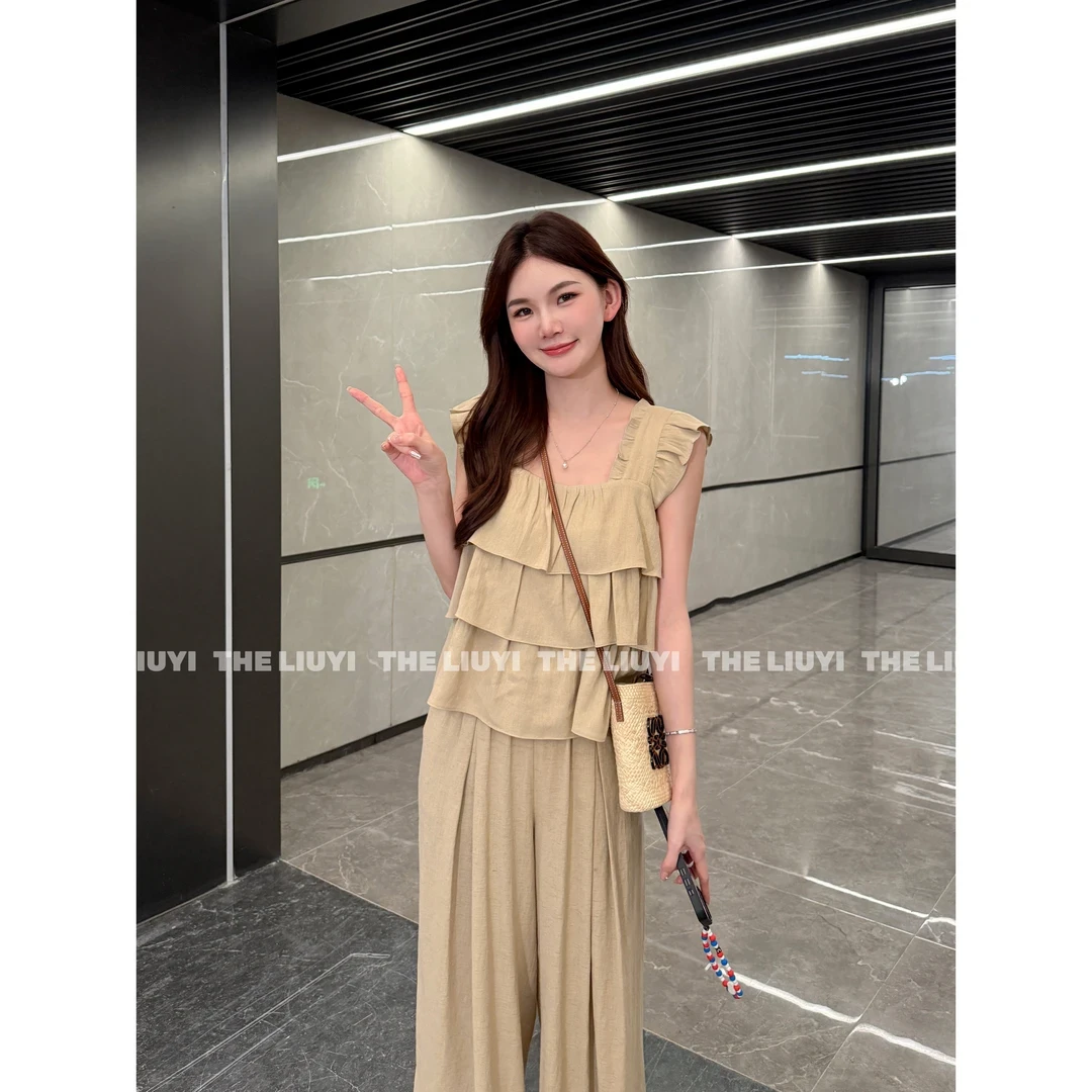 轻松入夏~韩系荷叶边飞袖上衣宽松直筒裤两件套56204