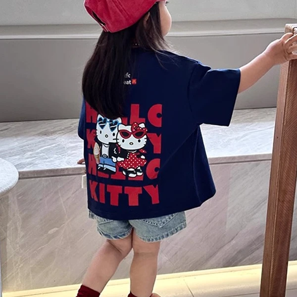 童装女童kt猫T恤短袖夏装2025新款儿童蓝色上衣宝宝休闲韩版时尚