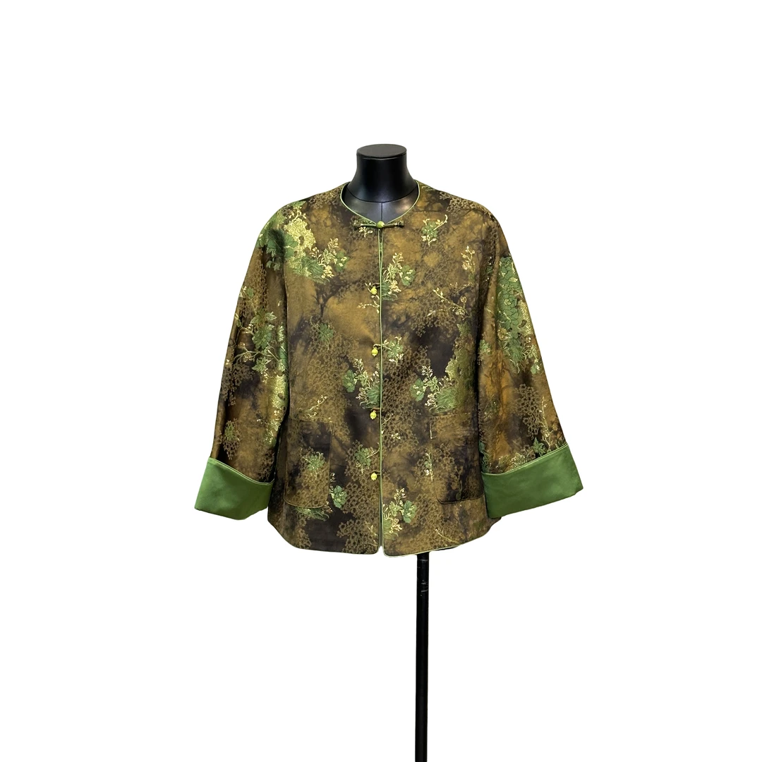 「利琪高订」国风大码气质金线织绣万物生花百搭休闲绿色外套A5838