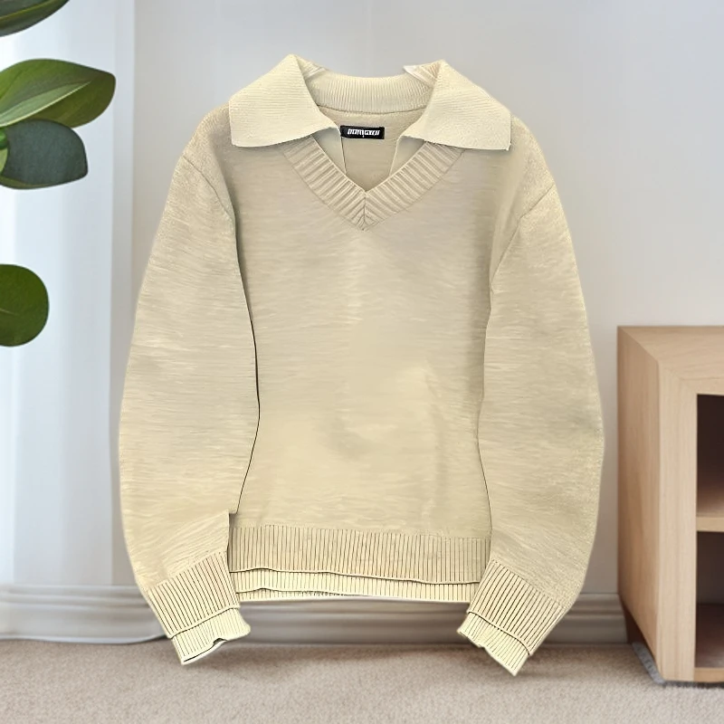 复古假两件v领翻领秋冬毛衣冬季cleanfit针织衫休闲上衣慵懒风