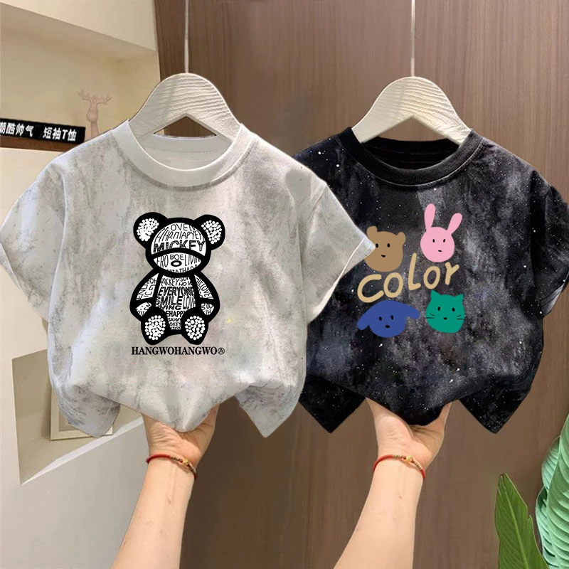 儿童洋气扎染纯棉短袖帅气亮片T恤夏季新款男女童圆领百搭上衣潮