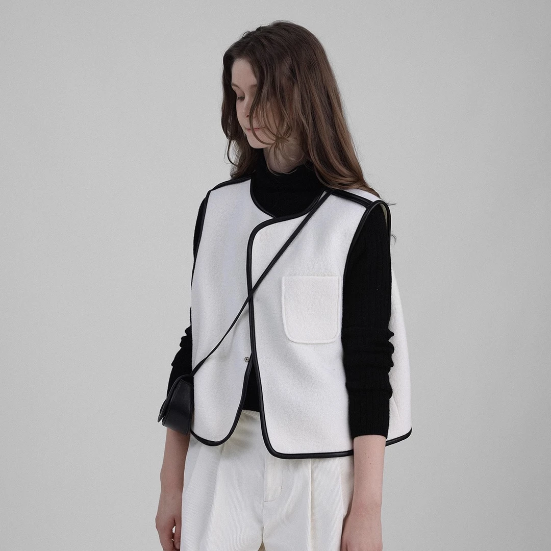 Letm复古胶片系列撞色皮滚边100绵羊毛叠穿马甲暗扣呢外套