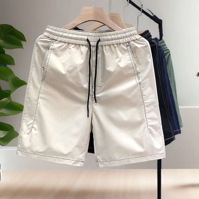 仓石一树明线杏色潮牌薄款短裤男外穿五分裤夏季男士休闲半截中裤