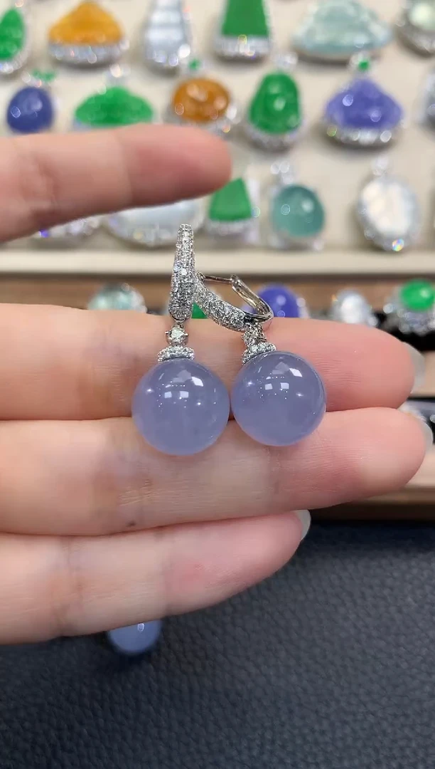 翡翠18K金镶嵌耳饰f1  紫货有色差