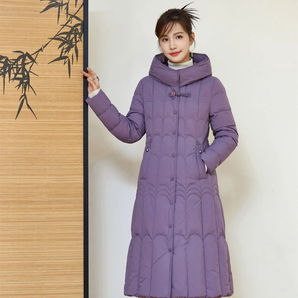 25-236#中年冬装外套新款时尚洋气年轻中长款连帽收腰显瘦羽绒服