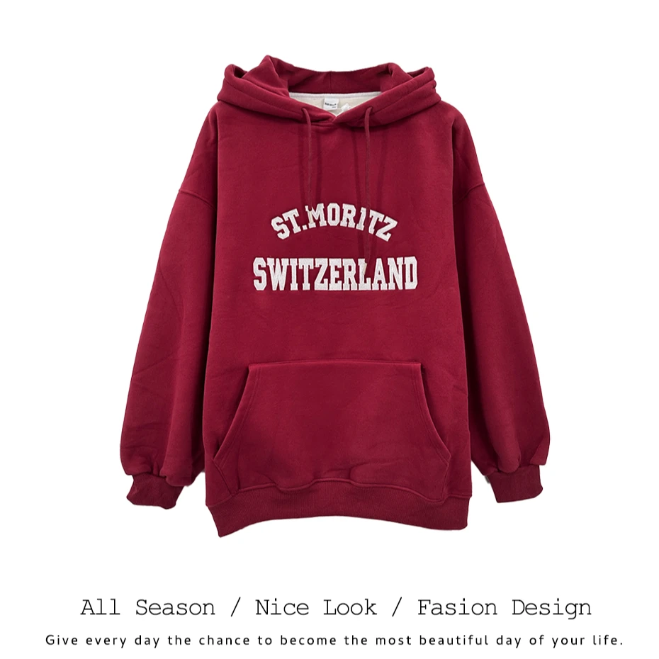 907  红色连帽卫衣中长款大口袋慵懒风秋冬套头长袖  款号#6625