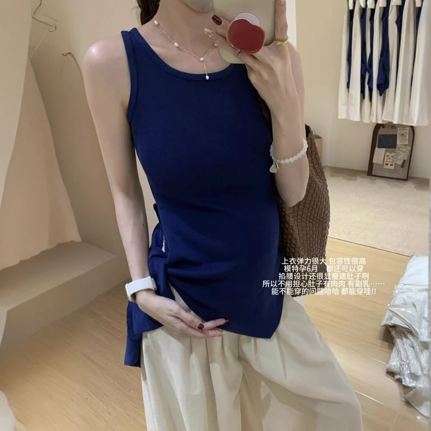 休闲气质设计感系带背心上衣女2025夏季高腰口袋直筒阔腿裤两件套