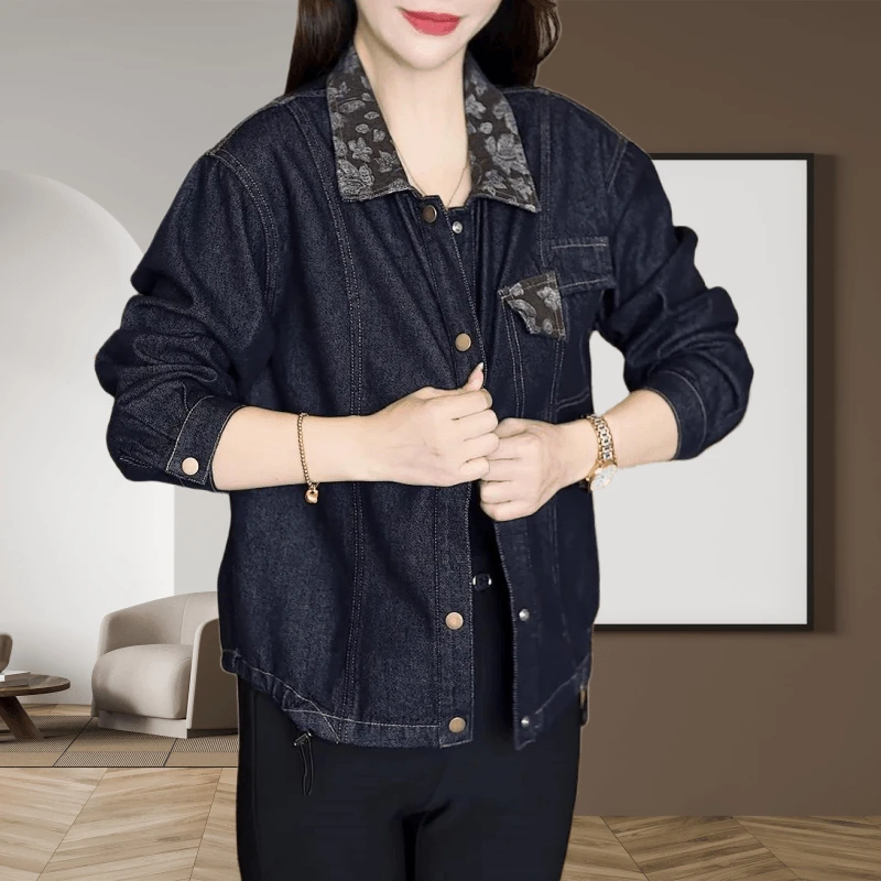 秋季新款洋气宽松显瘦长袖拼接印花小个子上衣女时尚休闲牛仔外套