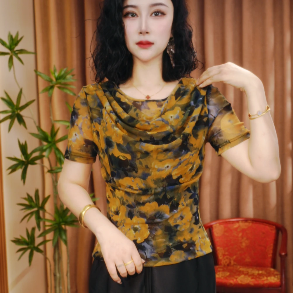 新款时尚堆堆领女装弹力印花网纱显瘦时尚百搭气质打底衫