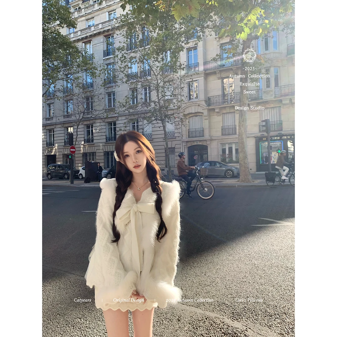 Catyears猫年【漫白柔光】甜系精灵狐狸毛羊毛上衣+裙套装