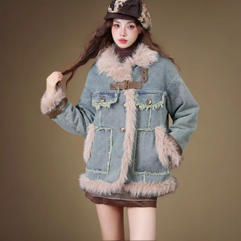 慵懒风设计毛毛拼接复古牛仔外套冬季加绒加厚女保暖宽松棉服外套