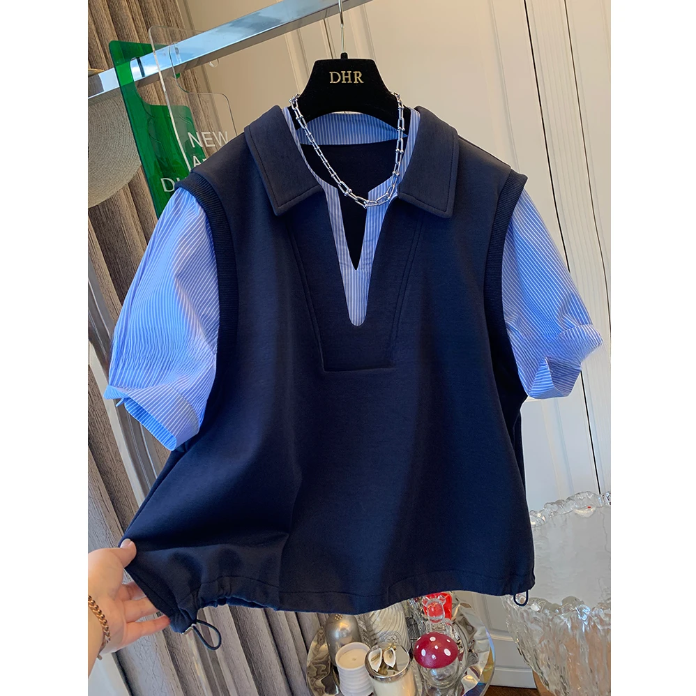 独特超好看短袖条纹衬衫T恤假两件女2025夏季新款宽松百搭上衣