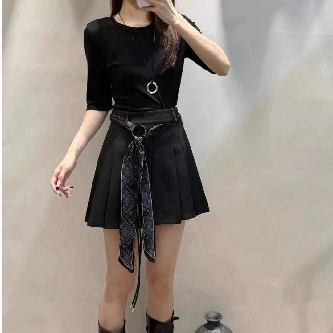 学院风领带百褶半身裙女2025秋季设计感高腰休闲a字短裙子腰带