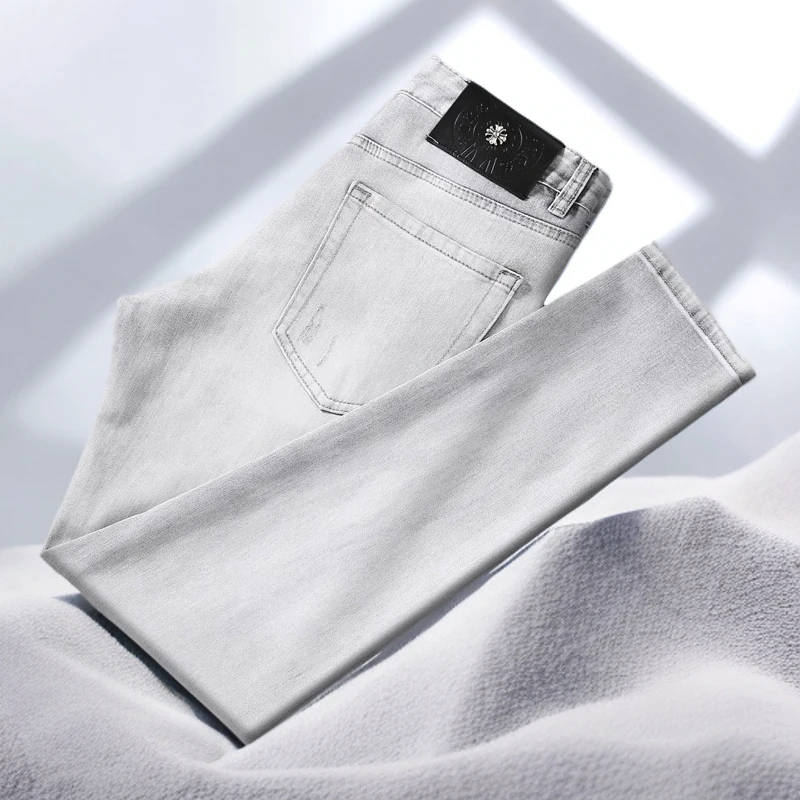 宾斯洛特破洞牛仔裤男印花夏季薄款弹力修身小脚长裤浅色青年潮流