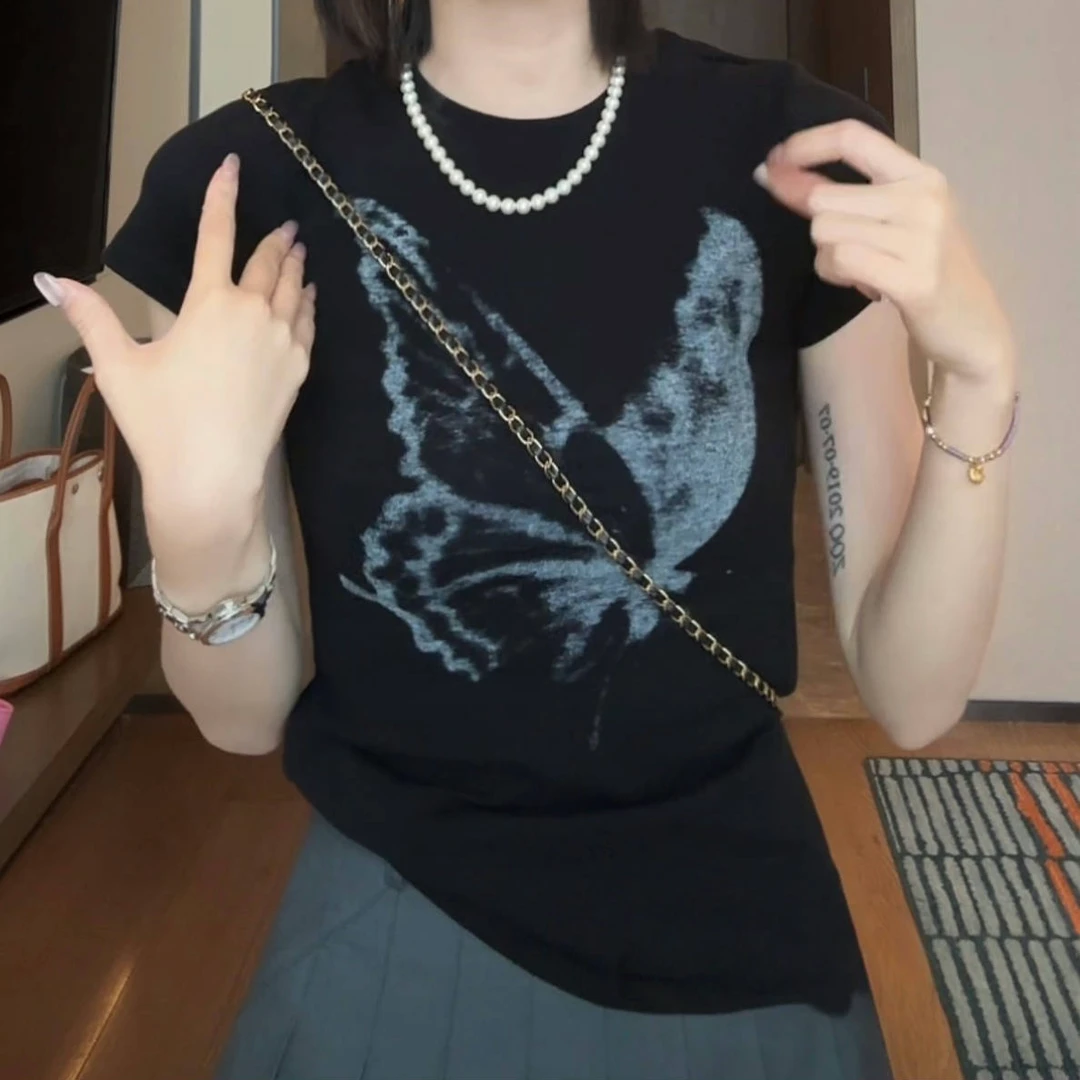 百搭蝴蝶印花圆领短袖T恤2025夏季新款时尚潮流圆领宽松显瘦上衣