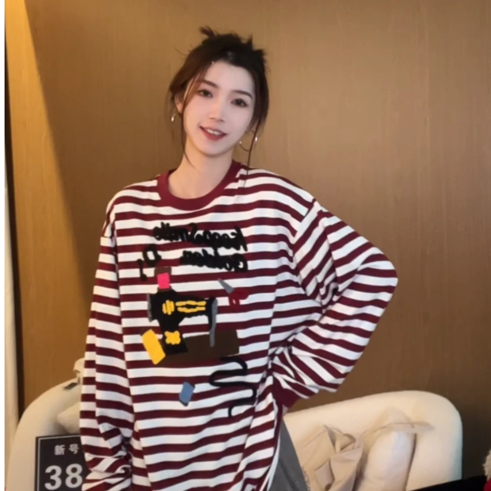 新款韩版慵懒风百搭休闲条纹撞色拼接圆领长袖T桖宽松时尚9301