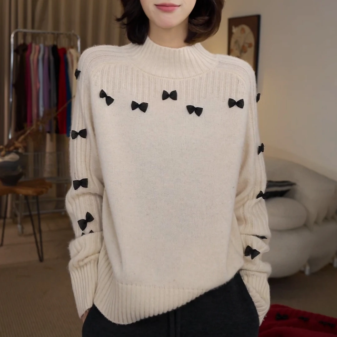 设计感时尚百搭半高领毛衣女2025秋冬新款蝴蝶结装饰针织衫上衣潮