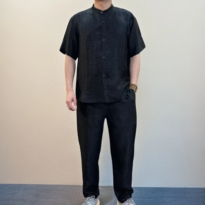 银云纱缎龟立领套装100%桑蚕丝男士宽松国风夏季休闲百搭外套