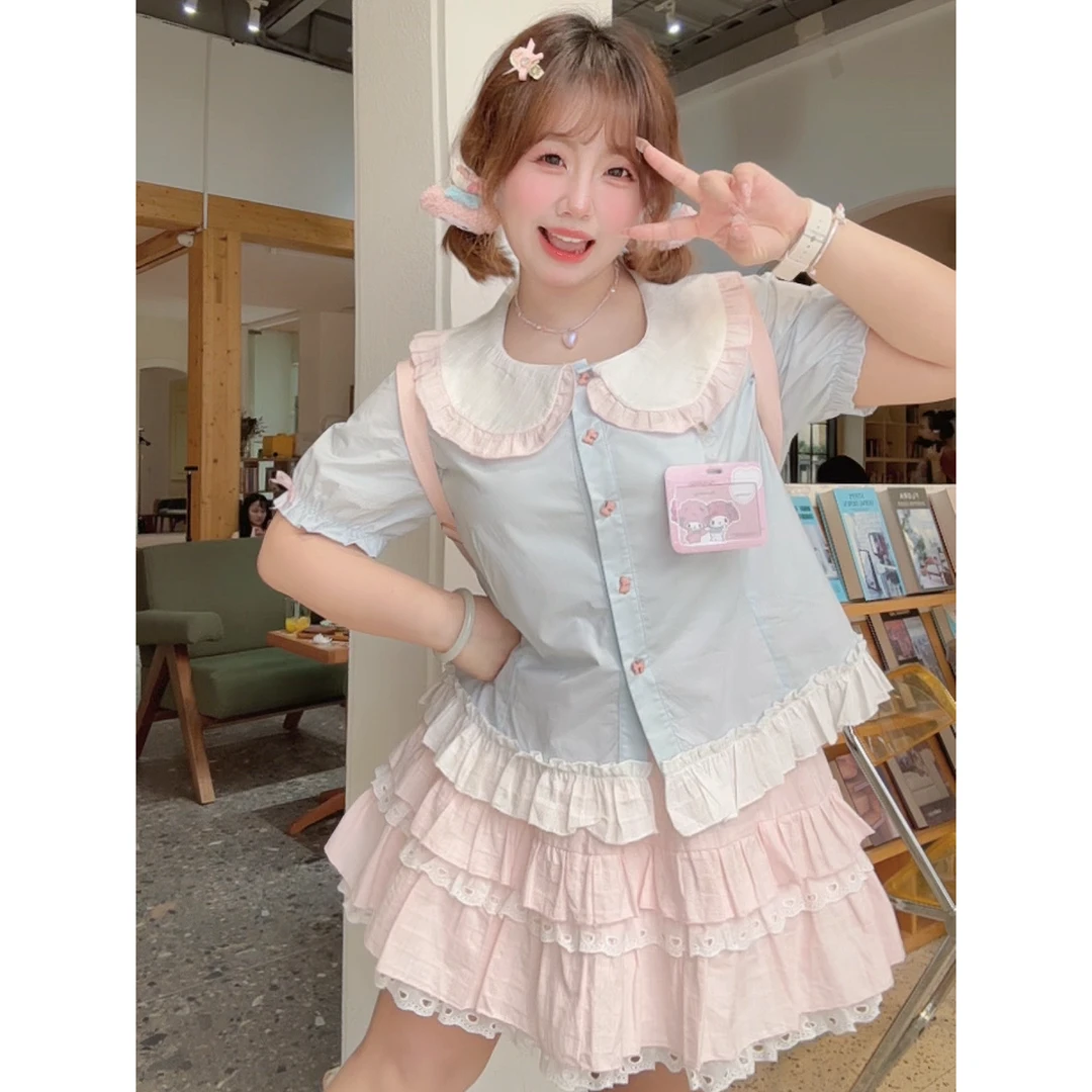 【现货】【可爱指挥官】大码甜妹夏款学院风蓝撞粉衬衫+蛋糕裙套装