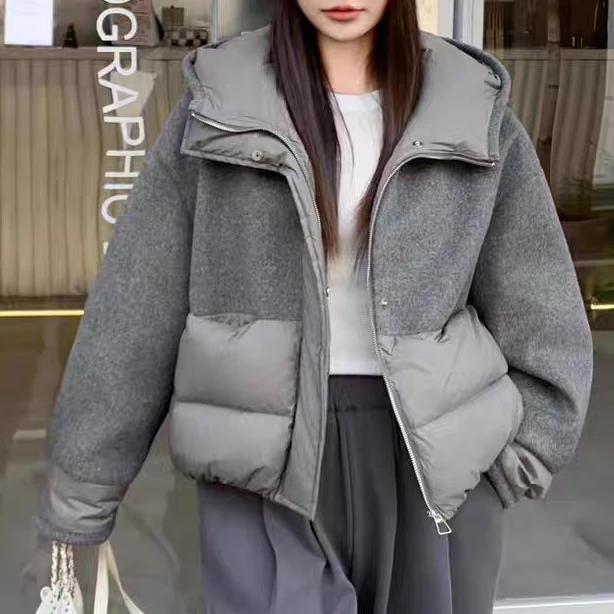 青青家  冬季新款时尚百搭拼接宽松连帽羽绒服-69257