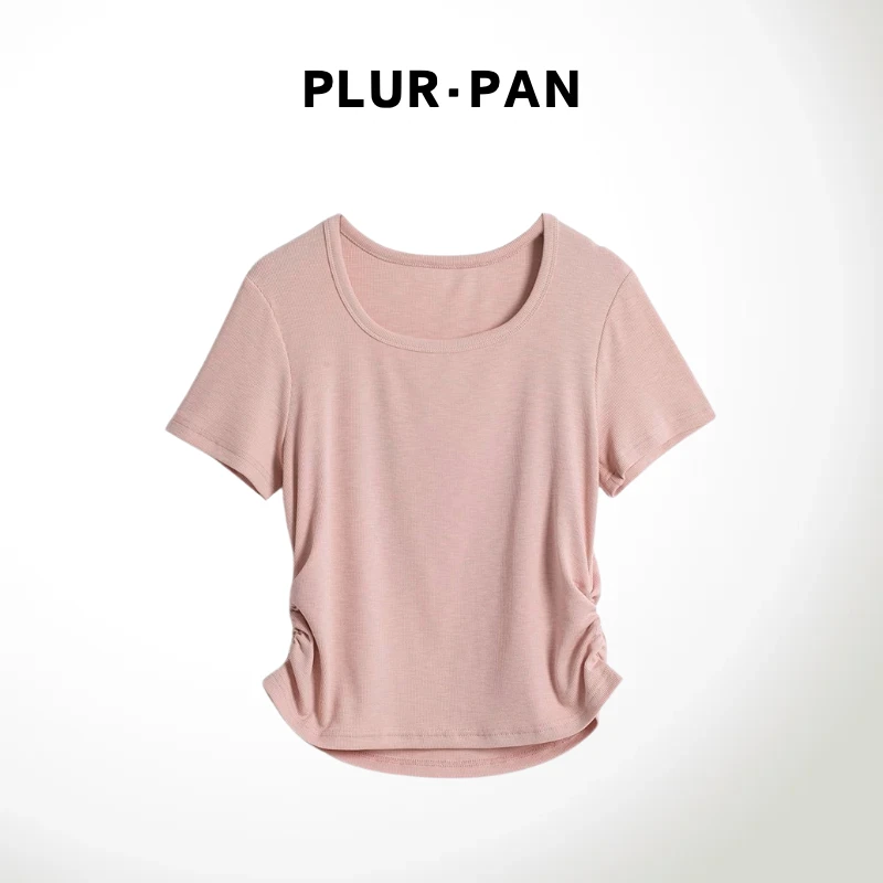 PLUR·PAN简约双侧收腰圆弧摆显瘦短袖T恤 55