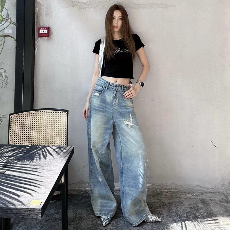 微胖mm夏季美式复古水洗浅蓝高腰做旧宽松慵懒直筒阔腿破洞牛仔裤