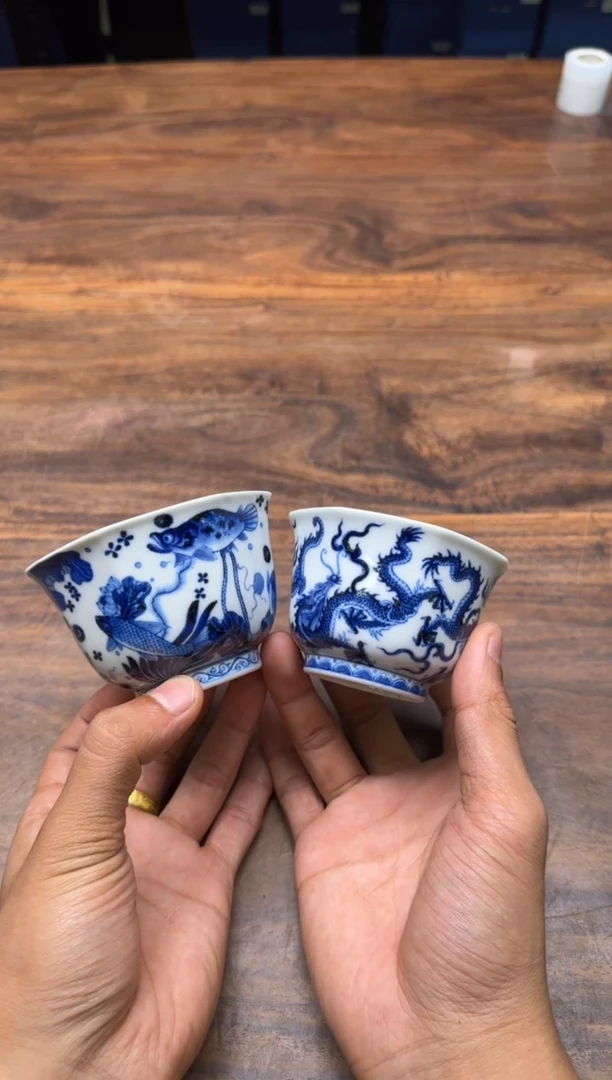 c*朴真堂 仿明鱼藻纹 八方杯 仿明五龙八方