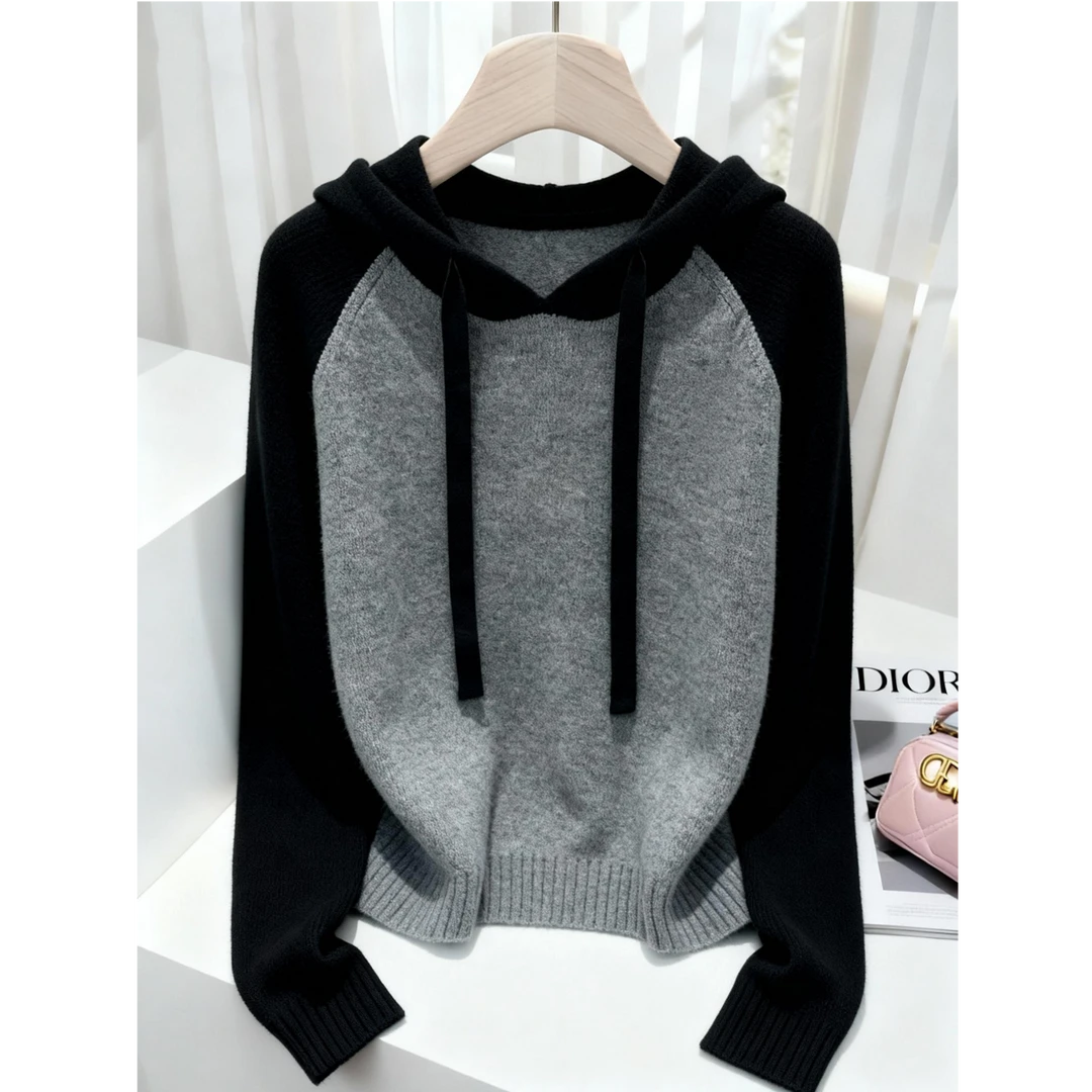 2025秋冬季新款休闲慵懒风高级感显瘦撞色小众长袖连帽毛衣针织衫