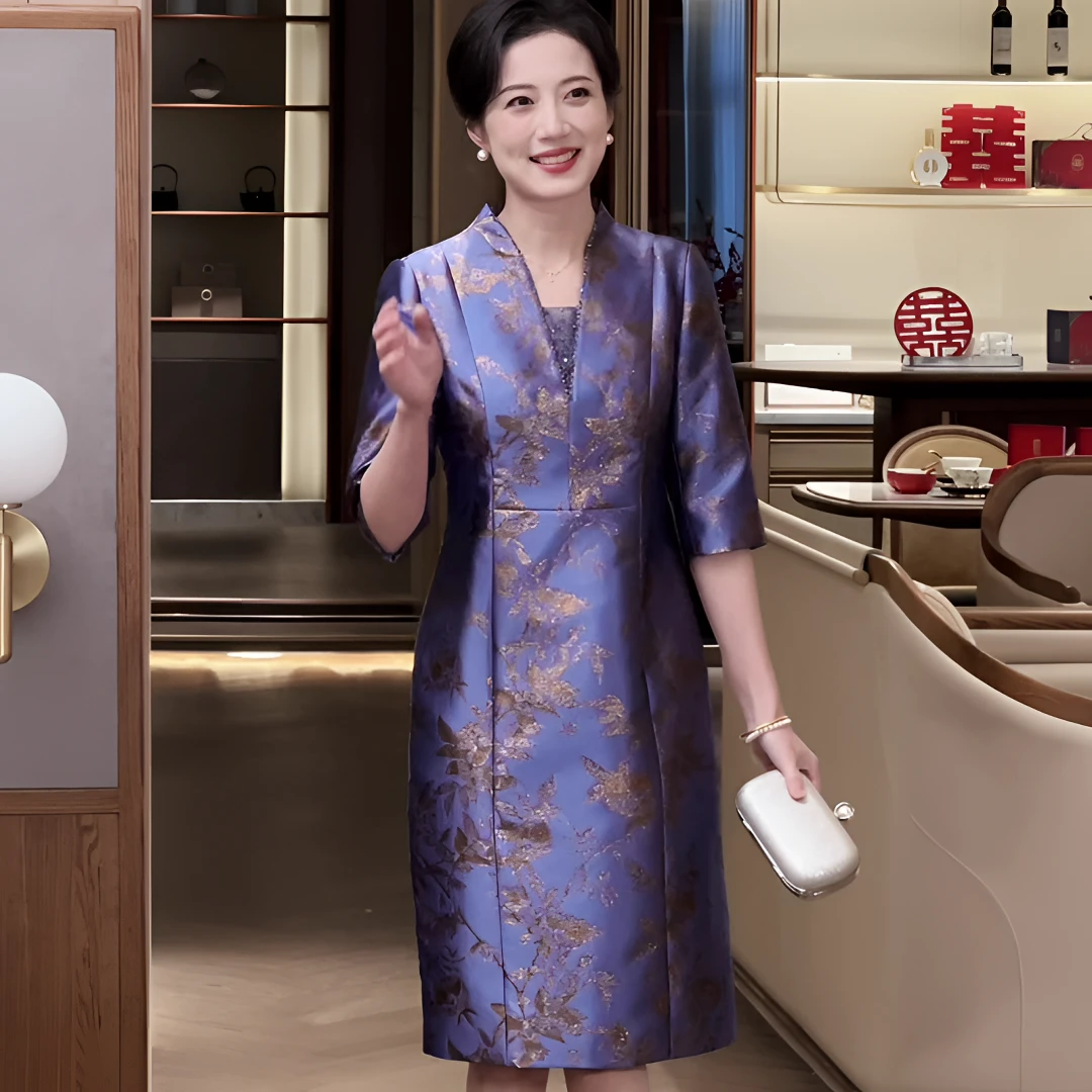 显瘦气质日常喜婆婆妈妈装2025新款高端连衣裙婚庆礼服改良版旗袍