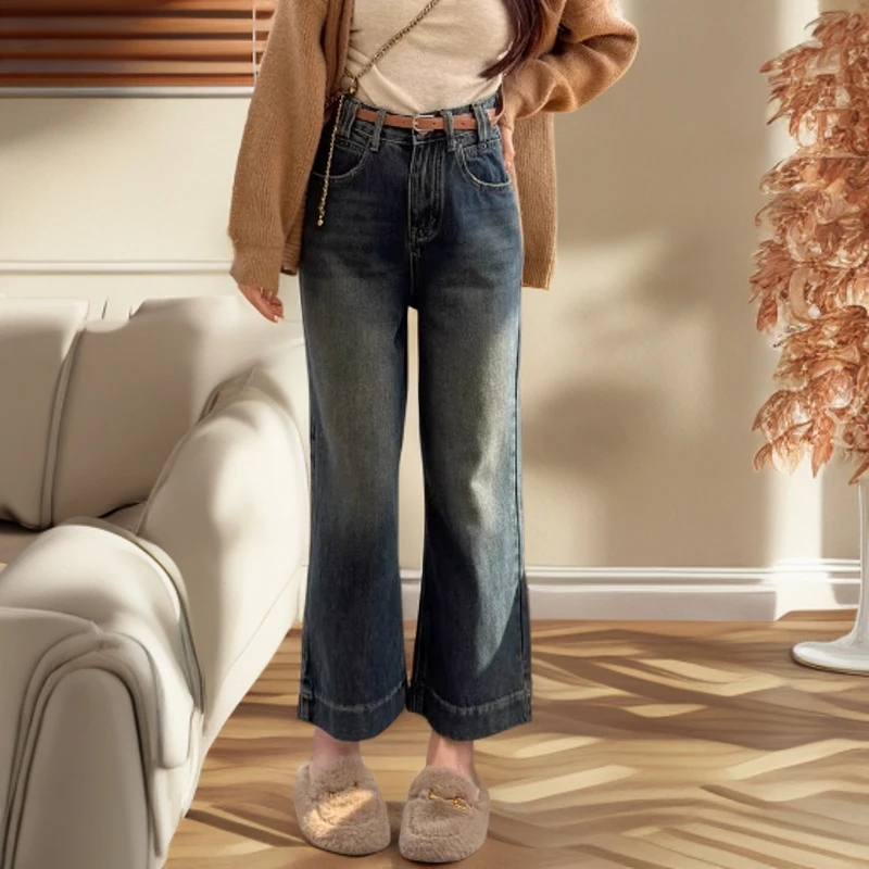 秋季新款复古蓝直筒牛仔裤女大码胖妹妹mm梨形身材裤子宽松阔腿裤