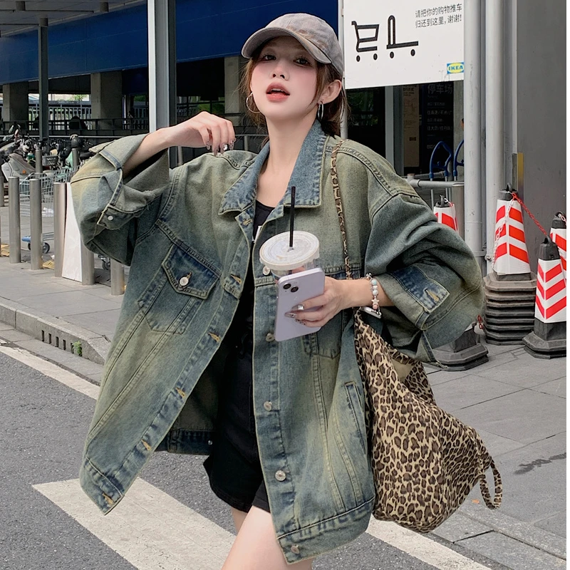 早秋女装洗水复古美式长袖牛仔外套高街宽松情侣休闲宽松百搭上衣