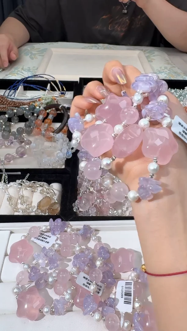 水晶手链银S925镶嵌E020粉水星星紫玉鱼油款