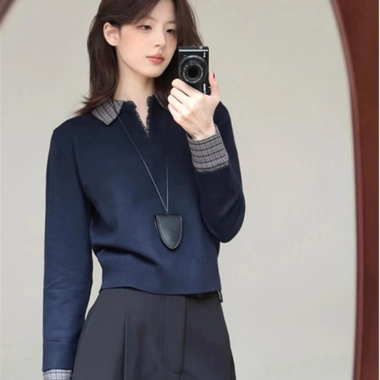 学院风藏蓝色polo领针织衫内搭打底衫2025秋季女装设计感韩系上衣