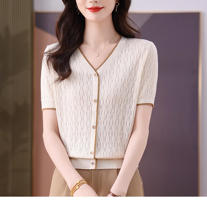 莱赛尔天丝v领短袖2025新款中年妈妈夏季洋气薄款凉快气质小衫