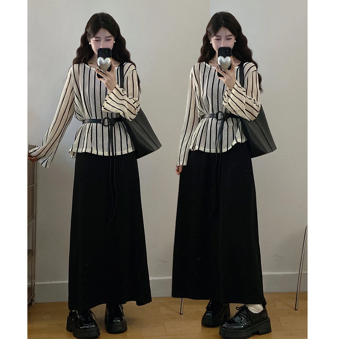 大码女装胖mm秋季配搭一整套宽松长袖上衣背带裙遮肚子两件套